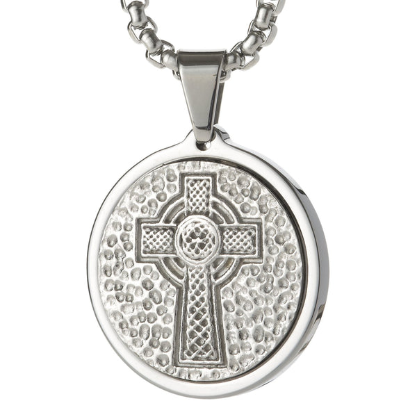 Unique Tungsten Medallion Necklace. Platinum Style Stainless Steel Celtic Cross Inlay.