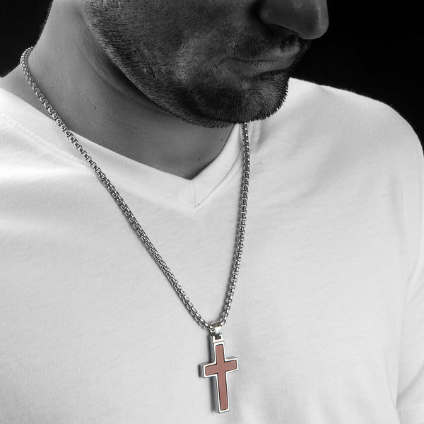 Unique Tungsten Cross Pendant with Red Jasper Inlay. 4mm wide Surgical Stainless Steel Box Chain.