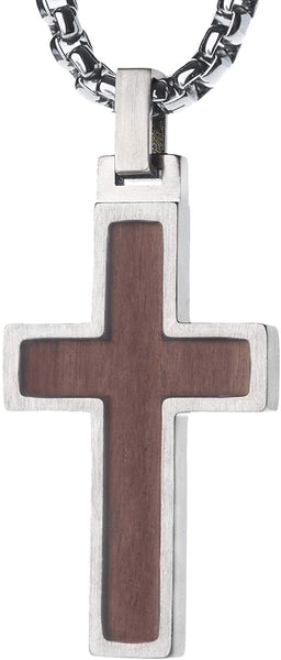 Unique GESTALT Titanium Cross Necklace with KOA Wood Inlay. 4mm wide Surgical Stainless Steel Box Chain.