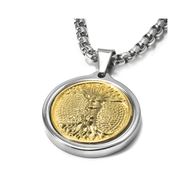 Unique Midsize Tungsten Medallion Necklace. Stainless Steel Tree of Life Inlay with 18kt Gold Plating.