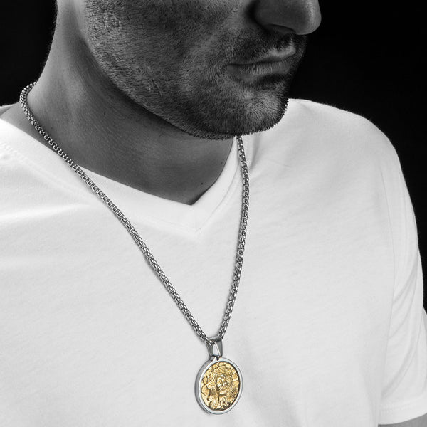 Unique Tungsten Medallion Necklace. Stainless Steel Jesus Christ Inlay with 18kt Gold Plating.