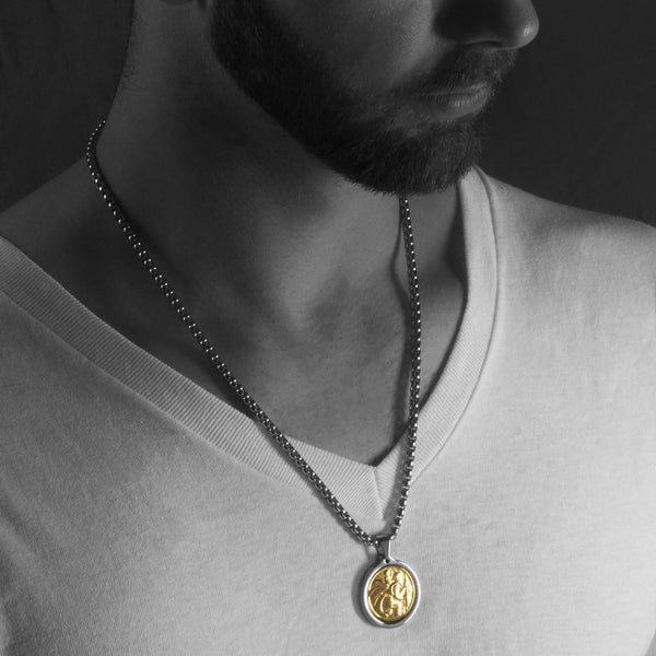 Unique Midsize Tungsten Medallion Necklace. Stainless Steel Saint Christopher Inlay with 18kt Gold Plating.