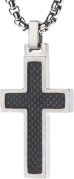 Unique GESTALT Titanium Cross Necklace with Black Carbon Fiber Inlay. 4mm wide Surgical Stainless Steel Box Chain.