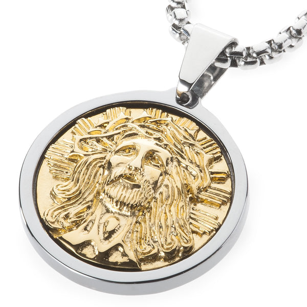 Unique Tungsten Medallion Necklace. Stainless Steel Jesus Christ Inlay with 18kt Gold Plating.