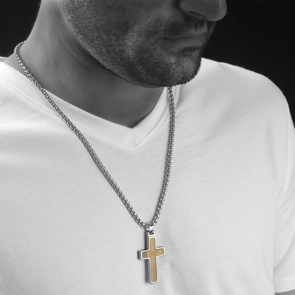 Unique Tungsten Cross Pendant with Tiger Eye Stone Inlay. 4mm wide Surgical Stainless Steel Box Chain.
