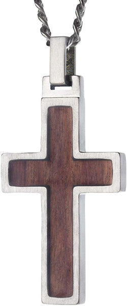 Unique GESTALT Titanium Cross Necklace with KOA Wood  Inlay. Solid 26inch lightweight Titanium Grade T2 Curb Chain (3.8mm wide).