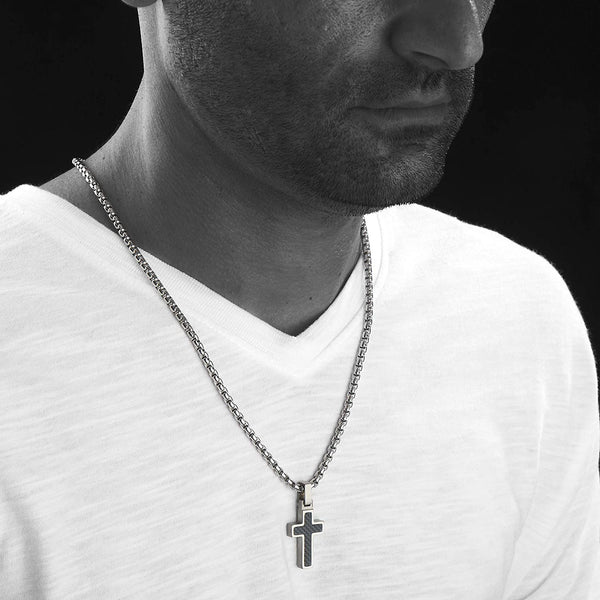 Unique GESTALT Midsize Titanium Cross Necklace with Black Carbon Fiber Inlay. 4mm wide Surgical Stainless Steel Box Chain.
