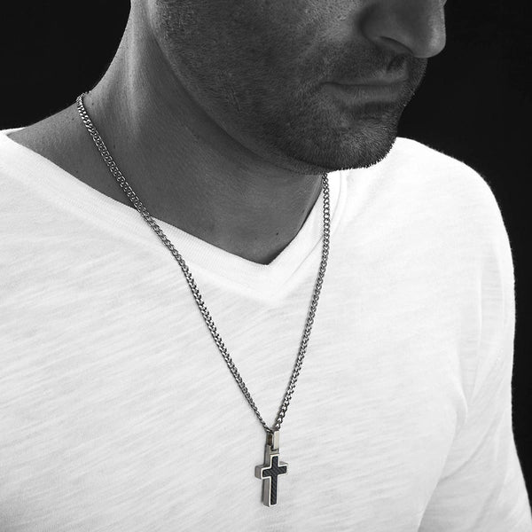 Unique GESTALT Midsize Titanium Cross Necklace with Black Carbon Fiber Inlay.  Solid lightweight Titanium Grade T2 Curb Chain (3.8mm wide).