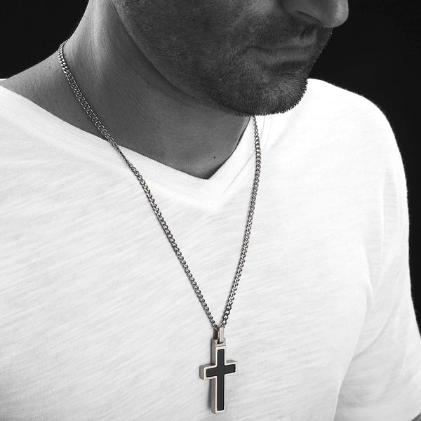 Unique GESTALT Titanium Cross Necklace with Onyx Stone Inlay. Solid 26inch lightweight Titanium Grade T2 Curb Chain (3.8mm wide).