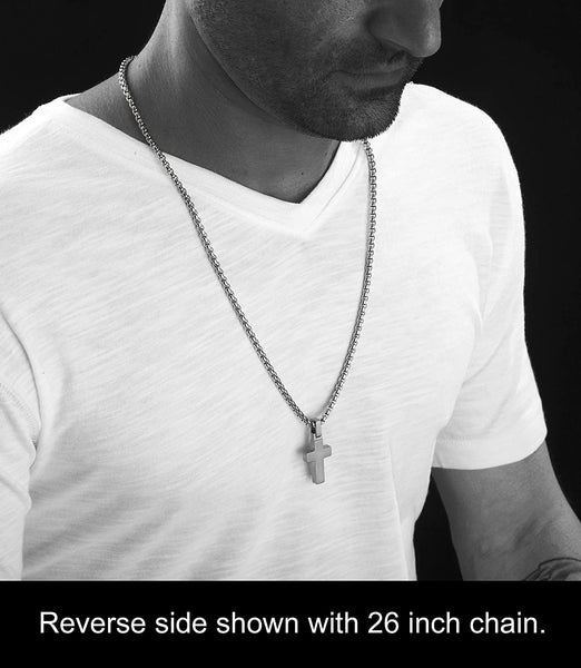 Unique GESTALT Midsize Titanium Cross Necklace with Black Carbon Fiber Inlay. 4mm wide Surgical Stainless Steel Box Chain.