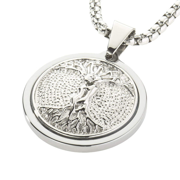 Unique Tungsten Medallion Necklace. Platinum Style Stainless Steel Tree of Life Inlay.