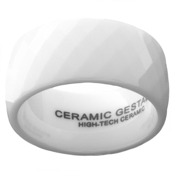 GESTALT® White Ceramic Ring - 10mm Width. Faceted Design. Comfort Fit.