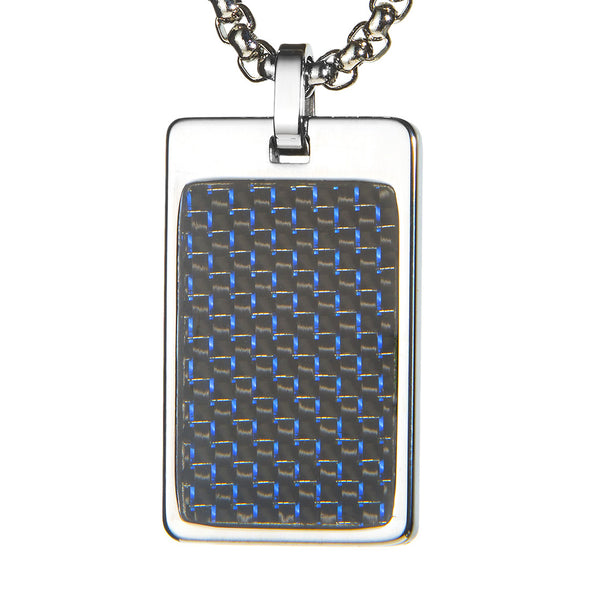 Unique Tungsten Tag Necklace. 4mm wide Surgical Stainless Steel Box Chain. Blue & Black Carbon Fiber.