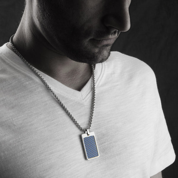 Unique Tungsten Tag Necklace. 4mm wide Surgical Stainless Steel Box Chain. Blue & Black Carbon Fiber.