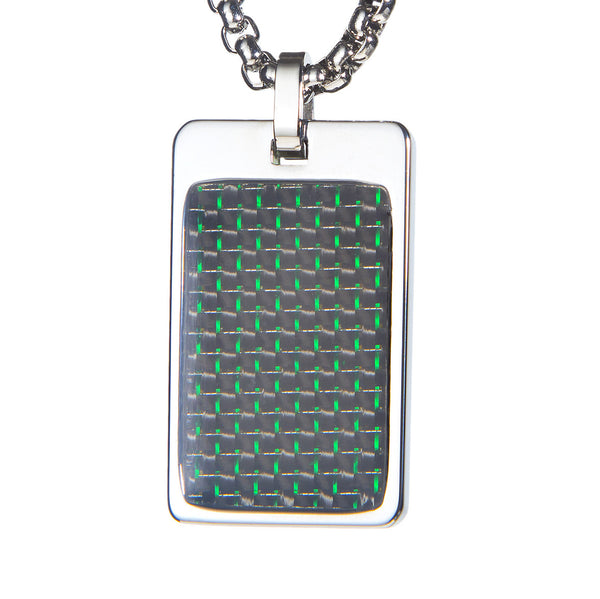 Unique Tungsten Tag Necklace. 4mm wide Surgical Stainless Steel Box Chain. Green & Black Carbon Fiber.