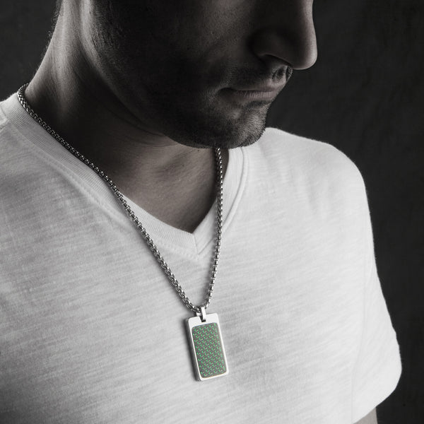 Unique Tungsten Tag Necklace. 4mm wide Surgical Stainless Steel Box Chain. Green & Black Carbon Fiber.