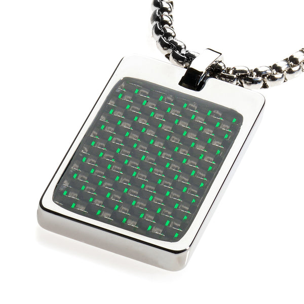 Unique Tungsten Tag Necklace. 4mm wide Surgical Stainless Steel Box Chain. Green & Black Carbon Fiber.