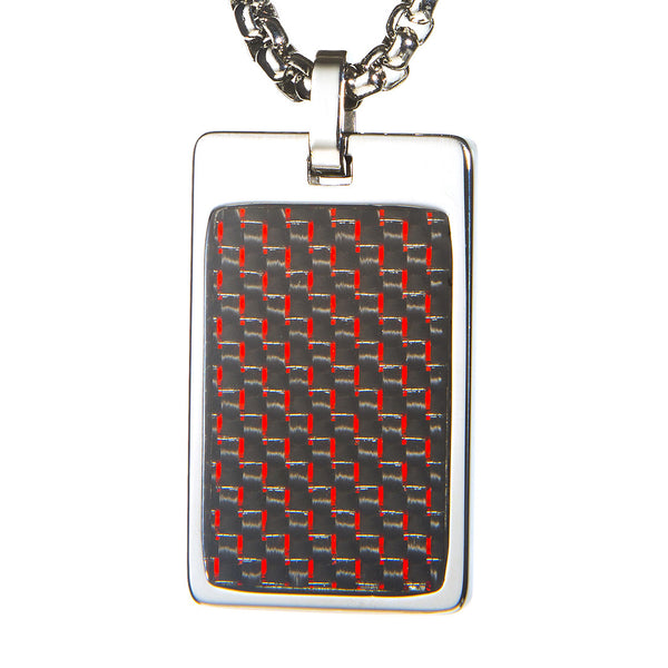 Unique Tungsten Tag Necklace. 4mm wide Surgical Stainless Steel Box Chain. Red & Black Carbon Fiber.