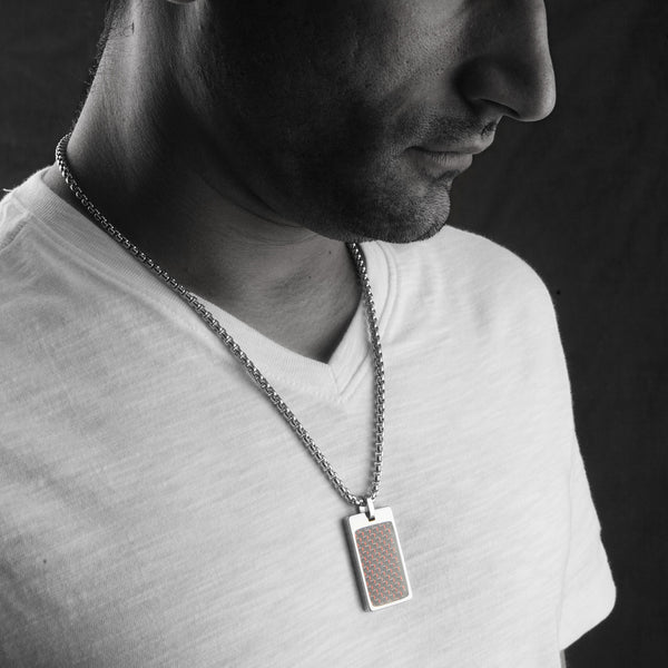 Unique Tungsten Tag Necklace. 4mm wide Surgical Stainless Steel Box Chain. Red & Black Carbon Fiber.