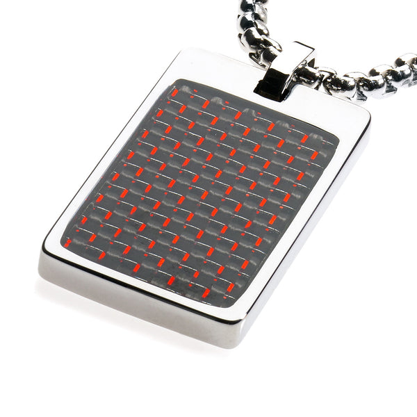Unique Tungsten Tag Necklace. 4mm wide Surgical Stainless Steel Box Chain. Red & Black Carbon Fiber.