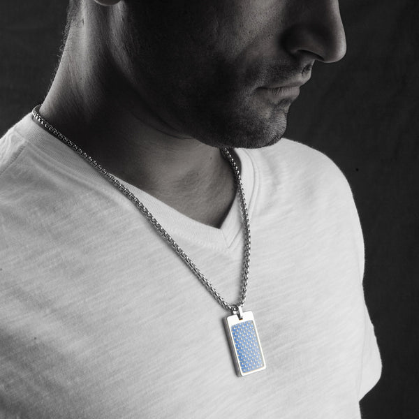 Unique Tungsten Tag Necklace. 4mm wide Surgical Stainless Steel Box Chain. Blue Carbon Fiber.