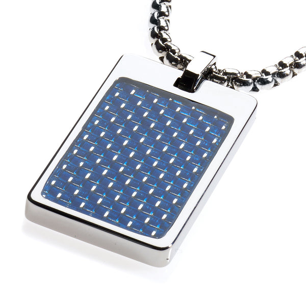 Unique Tungsten Tag Necklace. 4mm wide Surgical Stainless Steel Box Chain. Blue Carbon Fiber.