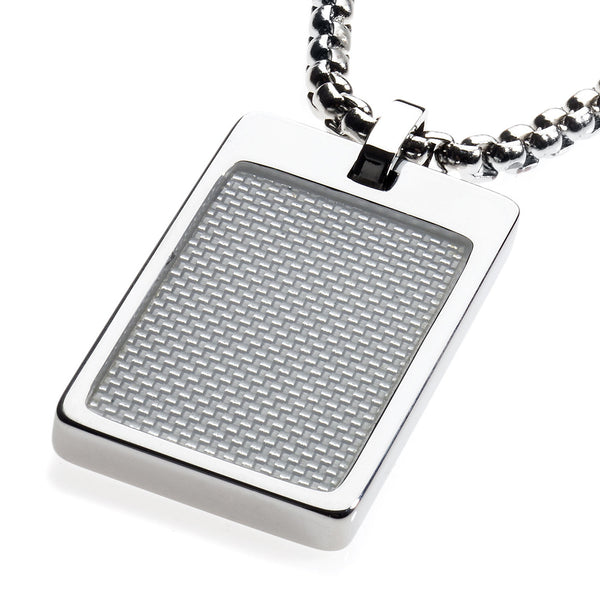 Unique Tungsten Tag Necklace. 4mm wide Surgical Stainless Steel Box Chain. White Carbon Fiber.