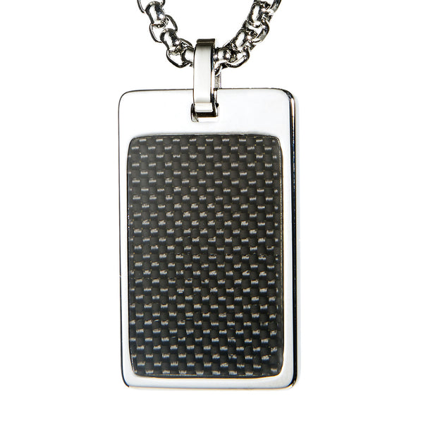 Unique Tungsten Tag Necklace. 4mm wide Surgical Stainless Steel Box Chain. Black Carbon Fiber.
