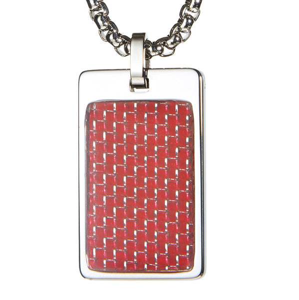 Unique Tungsten Tag Necklace. 4mm wide Surgical Stainless Steel Box Chain. Red Carbon Fiber.