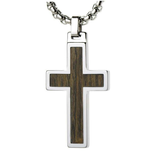 Unique Tungsten Cross Pendant .4mm wide Surgical Stainless Steel Box Chain. Ash Tree Inlay.