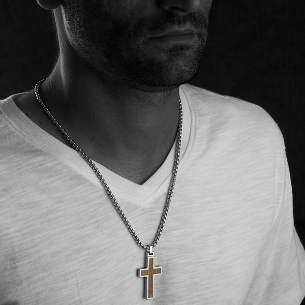 Unique Tungsten Cross Pendant .4mm wide Surgical Stainless Steel Box Chain. Ash Tree Inlay.