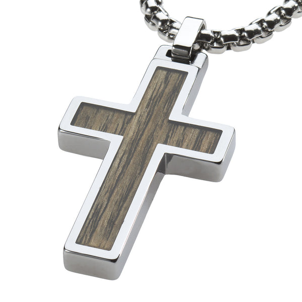 Unique Tungsten Cross Pendant .4mm wide Surgical Stainless Steel Box Chain. Ash Tree Inlay.