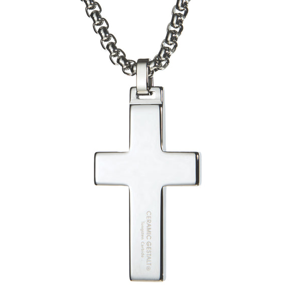 Unique Tungsten Cross Pendant with Red Jasper Inlay. 4mm wide Surgical Stainless Steel Box Chain.