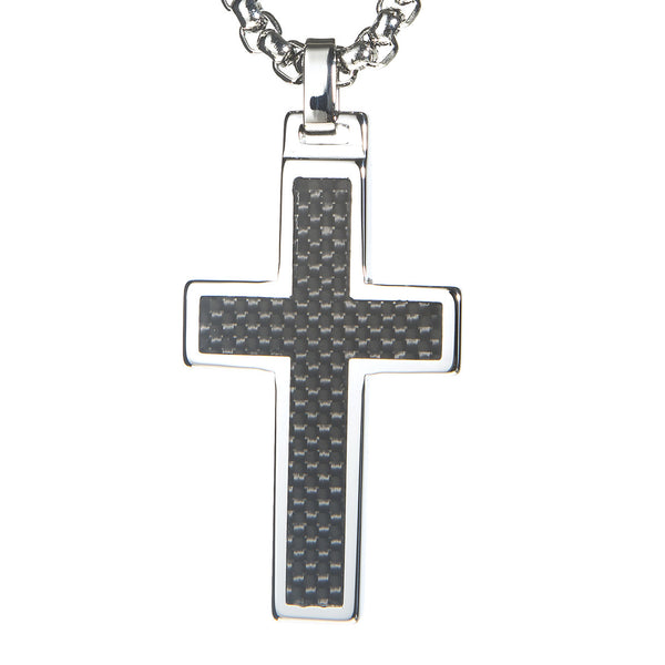 Unique Tungsten Cross Pendant .4mm wide Surgical Stainless Steel Box Chain. Black Carbon Fiber Inlay.