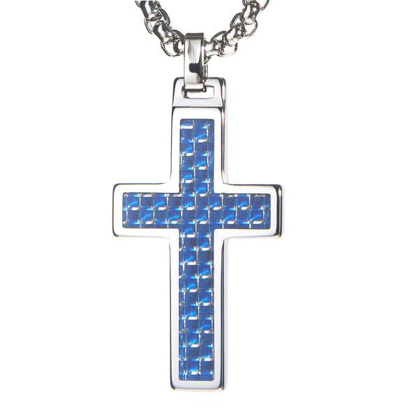 Unique Tungsten Cross Pendant .4mm wide Surgical Stainless Steel Box Chain. Blue Carbon Fiber Inlay.