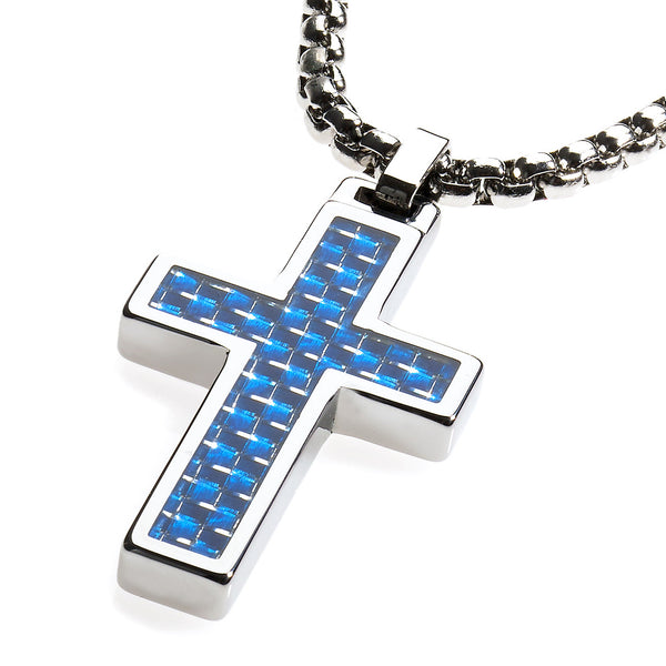 Unique Tungsten Cross Pendant .4mm wide Surgical Stainless Steel Box Chain. Blue Carbon Fiber Inlay.