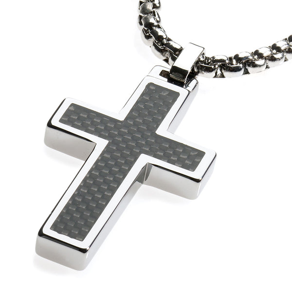 Unique Tungsten Cross Pendant .4mm wide Surgical Stainless Steel Box Chain. Black Carbon Fiber Inlay.