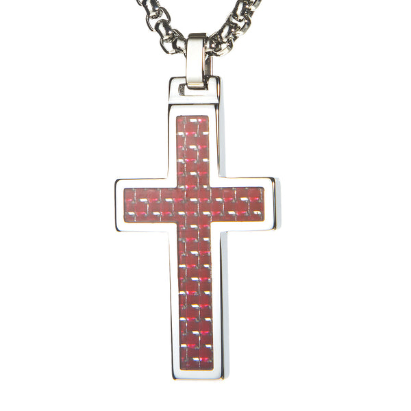Unique Tungsten Cross Pendant. 4mm wide Surgical Stainless Steel Box Chain. Red Carbon Fiber Inlay.