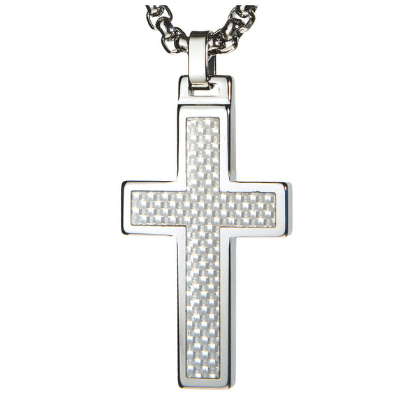 Unique Tungsten Cross Pendant. 4mm wide Surgical Stainless Steel Box Chain. White Carbon Fiber Inlay.
