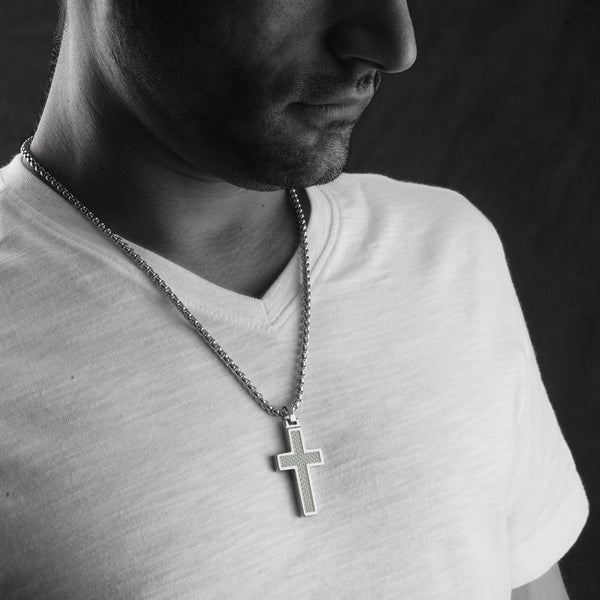 Unique Tungsten Cross Pendant. 4mm wide Surgical Stainless Steel Box Chain. White Carbon Fiber Inlay.