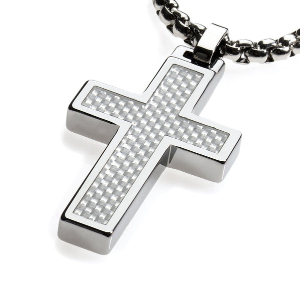 Unique Tungsten Cross Pendant .4mm wide Surgical Stainless Steel Box Chain. White Carbon Fiber Inlay.