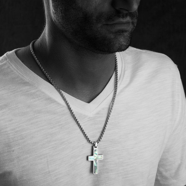 Unique Tungsten Cross Pendant .4mm wide Surgical Stainless Steel Box Chain. Abalone Inlay.