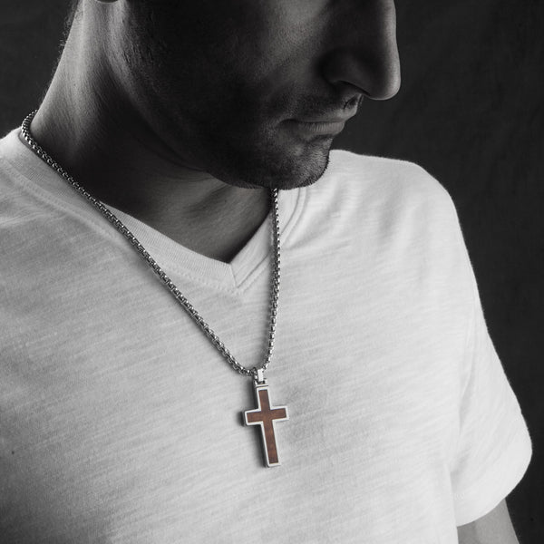 Unique Tungsten Cross Pendant. 4mm wide Surgical Stainless Steel Box Chain. Wood Inlay.