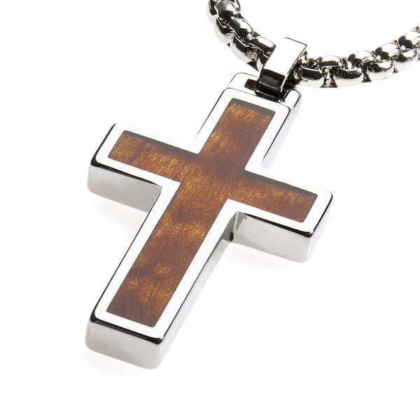 Unique Tungsten Cross Pendant .4mm wide Surgical Stainless Steel Box Chain. Wood Inlay.