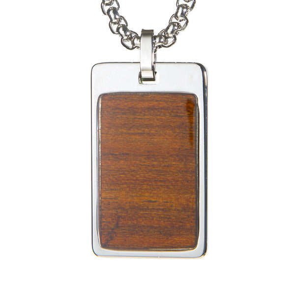 Unique Tungsten Tag Necklace. 4mm wide Surgical Stainless Steel Box Chain. Koa Wood Inlay.