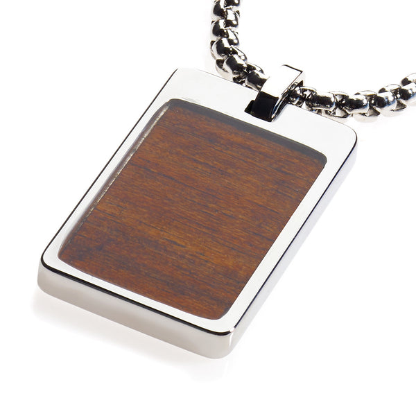 Unique Tungsten Tag Necklace. 4mm wide Surgical Stainless Steel Box Chain. Koa Wood Inlay.