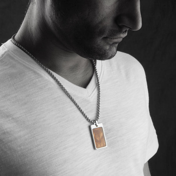 Unique Tungsten Tag Necklace. 4mm wide Surgical Stainless Steel Box Chain. Wood Inlay.