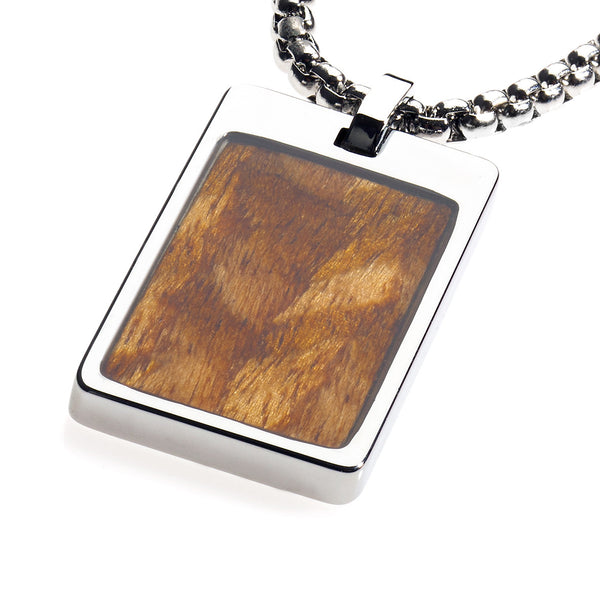 Unique Tungsten Tag Necklace. 4mm wide Surgical Stainless Steel Box Chain. Wood Inlay.