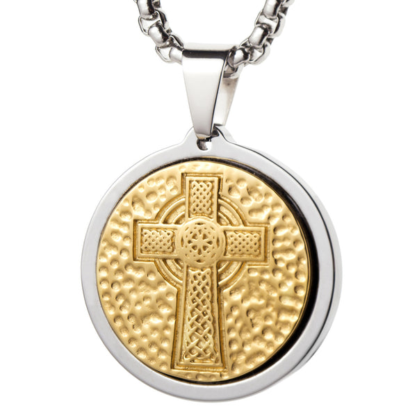 Unique Tungsten Medallion Necklace. Stainless Steel Celtic Cross Inlay with 18kt Gold Plating.