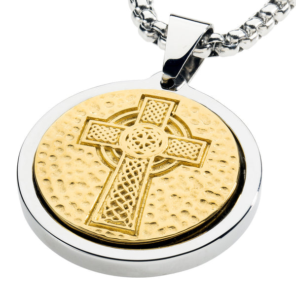Unique Tungsten Medallion Necklace. Stainless Steel Celtic Cross Inlay with 18kt Gold Plating.